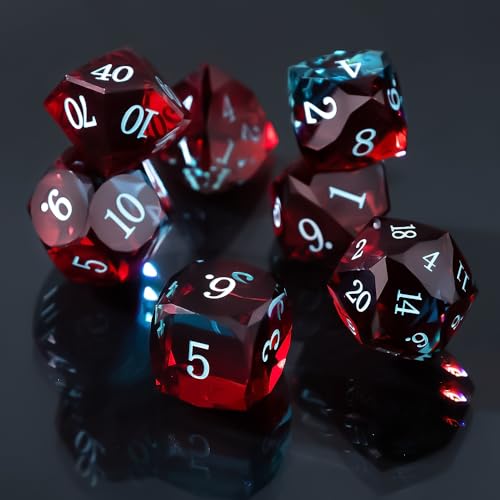Resin DND Dice Set, 7 Pieces Handmade Sharp Edge Polyhedral Dice for Role Playing Game, Dice Accessory for D&D RPG Players and Starters d4 d6 d8 d10 d12 d20 with Gift Box (Red and Blue) - color: Red and Blue