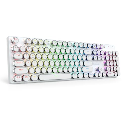 Redragon K710 Wireless Typewriter Mechanical Gaming Keyboard, White | Bluetooth/2.4Ghz/Wired, RGB Led Backlit, Blue Switch - Clicky, Rechargeable 4000mAh, Solid Metal Panel, Round Keycaps - color: White