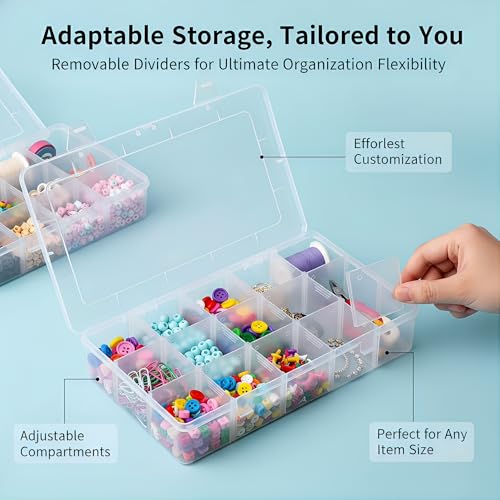 Umirokin 2 Pack 15 Grids Clear Plastic Organizer Box with Adjustable Dividers, Craft Storage Containers for Jewelry, Beads, Screws, Tackle Box, Washi Tapes, Small Parts Organizer for Arts and Crafts - size: 15 Girds 2 Packs