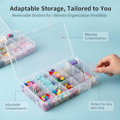 Umirokin 2 Pack 15 Grids Clear Plastic Organizer Box with Adjustable Dividers, Craft Storage Containers for Jewelry, Beads, Screws, Tackle Box, Washi Tapes, Small Parts Organizer for Arts and Crafts - size: 15 Girds 2 Packs
