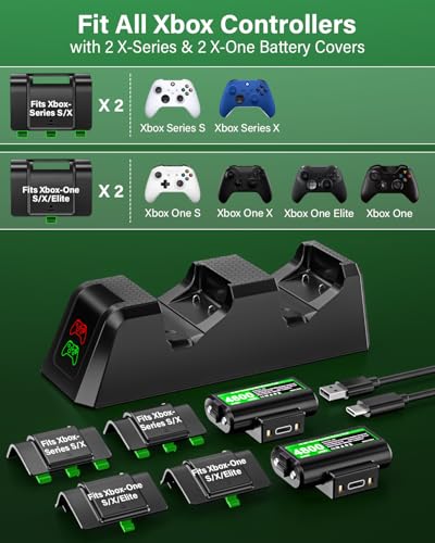 Rechargeable-Controller-Battery-Pack-for-Xbox One S/X/Elite/Xbox Series S|X | 2x4800mWh Battery with Charger for Xbox Wireless Controllers, Rechargeable Batteries for Xbox with Charging Station, 4 Covers