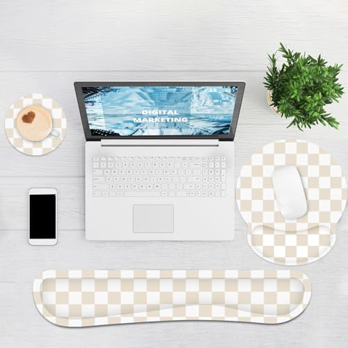 Ergonomic Mouse Pad with Wrist Rest and Keyboard Wrist Rest, Mousepad and Keyboard Pad, Non-Slip Rubber Base, Pain Relief, Mouse Pad with Wrist Support for Gaming, Computer, Office, Beige Checkered - color: Beige Checkered