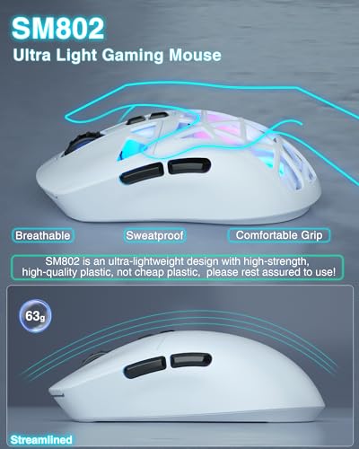 SOLAKAKA SM802 White Wireless Gaming Mouse,10000 DPI,Tri-Mode Wired/BT 5.0/2.4GHz Wireless Mouse Gaming with Side Button,RGB Programmable Macro Mouse for Laptop - color: 1-white, size: SM802