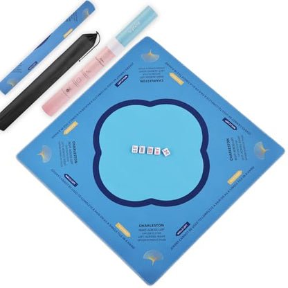 Mahjong Mat & Mah Jongg Mat for Table - Waterproof & Silent, 3mm Thick Non-Slip Game Pad with Unique Designs, Carry Bag & Gift Tube - Premium Mahjongg Accessories（31.5" x 31.5"） Blue - color: Blue
