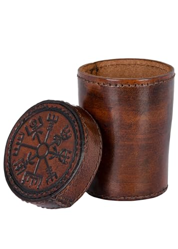 Ulfberth - Viking dice Cup with Embossed Motif - Genuine Leather - Medieval Leather Cup with Engraving (with lid, Vegvisir Embossing, Brown) - color: Vegvisir Brown