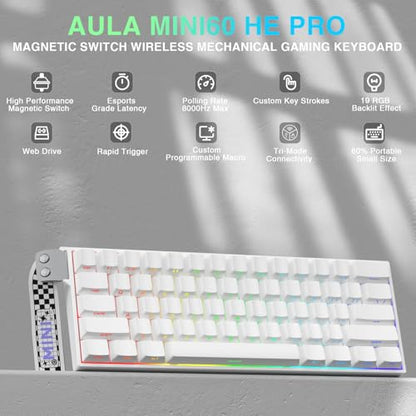Aula MINI60 HE PRO Wireless Gaming Keyboard 60%,Hall Effect Rapid Trigger Magnetic Keyboard,8000Hz Polling,Tri-Mode(BT5.0/2.4GHz/USB-C),RGB Hot Swappable Compact Mechanical Keyboard for Gamer(White) - color: Pro-White Side