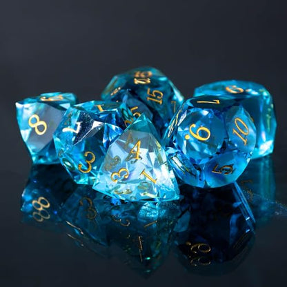 Resin DND Dice Set, 7 Pieces Handmade Sharp Edge Polyhedral Dice for Role Playing Game, Dice Accessory for D&D RPG Players and Starters d4 d6 d8 d10 d12 d20 with Gift Box (Light Blue) - color: Light Blue