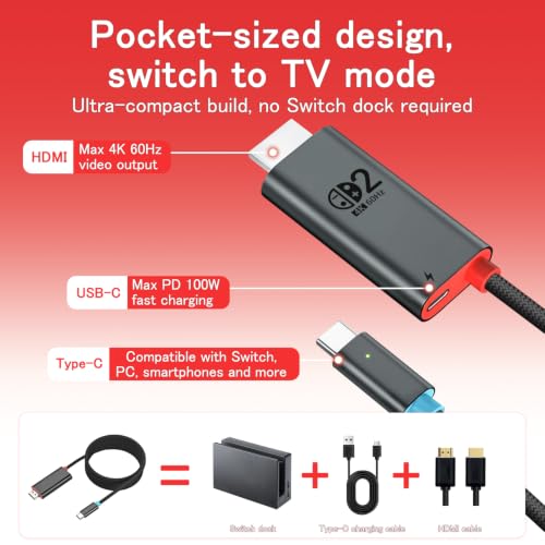 for Switch 2 Dock HDMI Adapter, 4K@60Hz TV Output, PD 100W USB-C Fast Charging, Type-C to HDMI Cable Compatible with Switch 2/OLED/Steam Deck/ROG Ally/Laptops/Phones