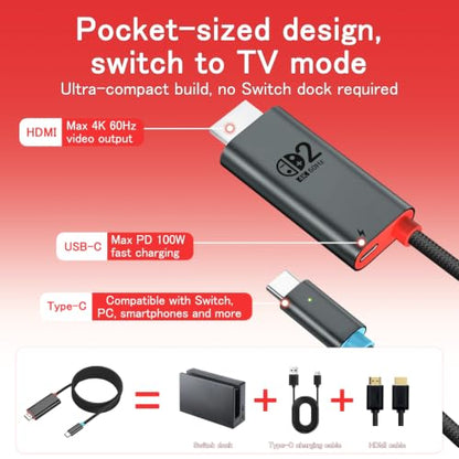 for Switch 2 Dock HDMI Adapter, 4K@60Hz TV Output, PD 100W USB-C Fast Charging, Type-C to HDMI Cable Compatible with Switch 2/OLED/Steam Deck/ROG Ally/Laptops/Phones