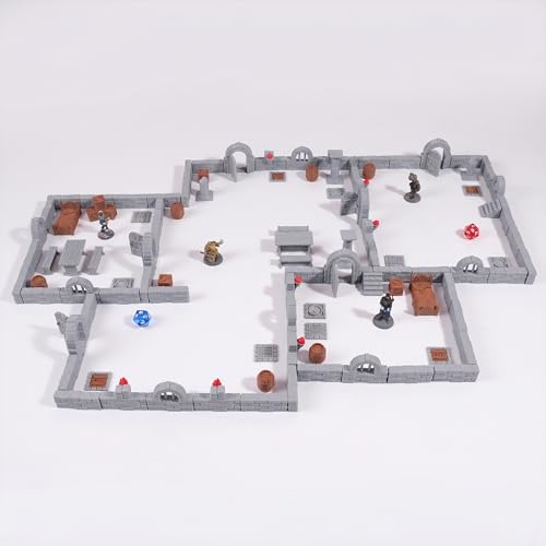 Modular Dungeon Stone Wall Terrain Set - 28mm Miniatures Scenery with Walls, Doors, Barrels, Crates Beds and So On for Tabletop Rpgs, Fantasy Wargames and Board Games (AMF01 A)