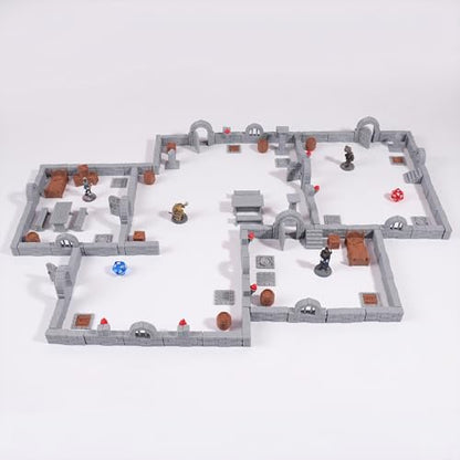 Modular Dungeon Stone Wall Terrain Set - 28mm Miniatures Scenery with Walls, Doors, Barrels, Crates Beds and So On for Tabletop Rpgs, Fantasy Wargames and Board Games (AMF01 A)