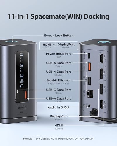 Baseus Spacemate Docking Station, 11-in-1 USB-C Dock for Windows Laptop, Triple Display with 4K HDMI & DP, 10Gbps USB-C & USB-A, Ethernet, Audio, 100W PD Charging for Dell HP Lenovo Acer and More | 2 x HDMI 1 x DP 4K @ 60Hz, 3 x USB-A/C 10 Gbps, 1 Gbps Et