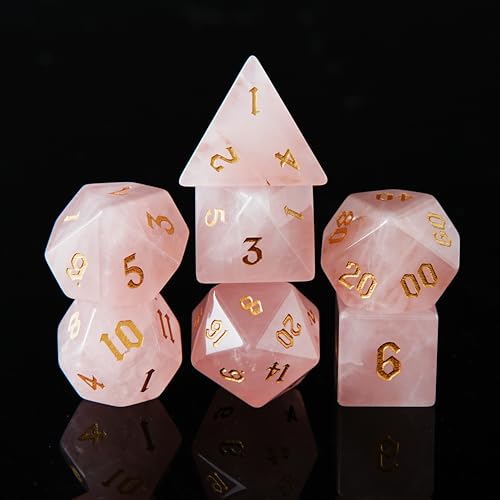 Pink Quartz Crystal DND Dice Set 7 PCS Gemstone Suitable for Dungeons and Dragons for D & D RPG Games (Pink Quartz - color: Pink Quartz