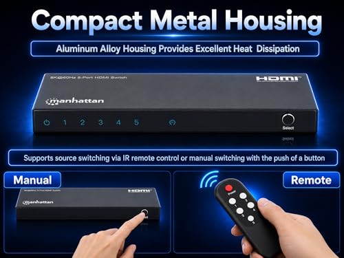 Manhattan HDMI Switch 5 in 1 Out, 8K 60Hz, 4K 120Hz, HDR, IR Remote, Metal Housing, 48Gbps, HDCP 2.3-208482 - size: 5 In x 1 Out