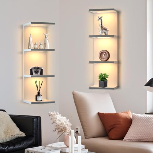 4 Tier LED Wall Shelf, White | Modern Floating Shelves for Makeup Vanity,Bedroom,Living Room,Eay Install Cosmetic Display Lack shelf - color: 4l-white