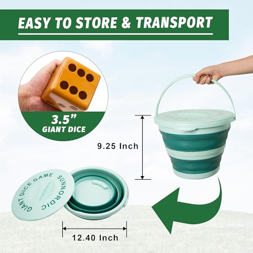 SunNordic Giant Dice Yard Game – 6 Large Wooden Outdoor Dice Set with Scoreboard & Portable Collapsible Bucket – Classic Backyard Lawn Game for Adults, Kids & Family