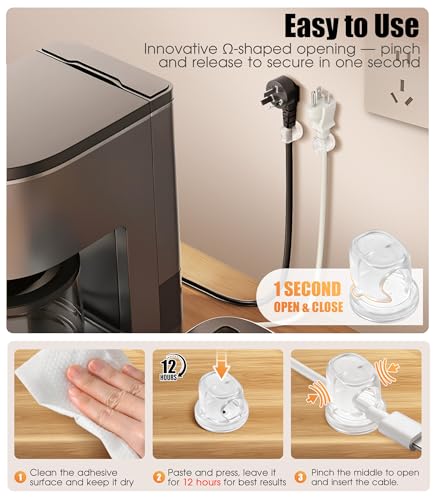 8 Pack Cord Organizer, Ω-Shaped Rotatable Cable Clips, Strong Adhesive Cable Management with Nails, Cord Holder for Nightstand, Desk, and Wall (Clear)