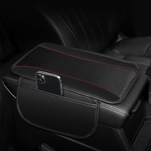 Hiseanllo Car Center Console Cover with Side Storage Pockets, Patchwork Leather Armrest Pad with Carbon Fiber Texture, Non-Slip Auto Armrest Cushion Protector for Most Cars, Vehicles, SUVs (Black) - color: Black