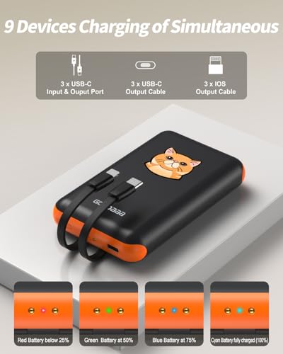 GOODaaa Portable Charger, 3-Pack 10000mAh Slim Power Bank Built in Cables, 3 Outputs 1 Inputs Family Power Hub for All Mobile Devices, Charging Station Set Includes 140 DlY Stickers, for Home,Office - color: Black