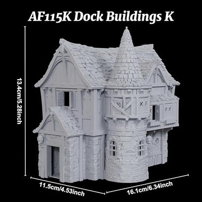AUSPDICE 라운드 타워가 있는 중세 저택, 25mm TTRPG 빌딩 풍경 | 1:64 도색되지 않은 다층 목재 프레임 하버 빌딩, 던전 앤 드래곤을 위한 DND Terrain for TTRPG Wargames-AF1154K - color: Af1154k-dock Buildings K
