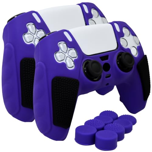 2 Pack Purple Anti-Slip PS5 Controller Skin,Soft Thicken Studded Protective Silicone Cover Skin Grips Compatible with PS5/Slim/Pro Controller and 8 PCS Thumb Grips Caps. (2 Pack Purple) - color: 2 Pack Purple