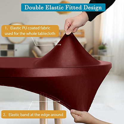 Double Design PU Round Tablecloth, Anti-Tear Wipeable Elastic Round Tablecloth, Soft-Touch Fitted Table Cloth, Waterproof Oil-Proof Table Cover (Burgundy, 53"-56" Round) - color: Burgundy, size: 55" (Round)