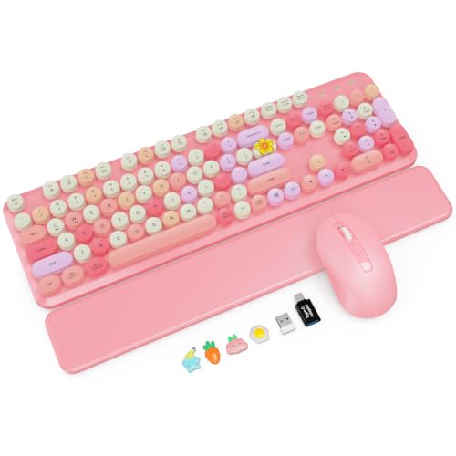 Wireless Keyboard and Mouse Combo with Magnetic Wrist Rest, Round Keycaps, Full-Size Retro Typewriter-Style Keyboard, Two-Stage Tilt Legs, Auto-Sleep, 2.4GHz for Windows PC Laptop, Pink Colorful - color: Pink Colorful