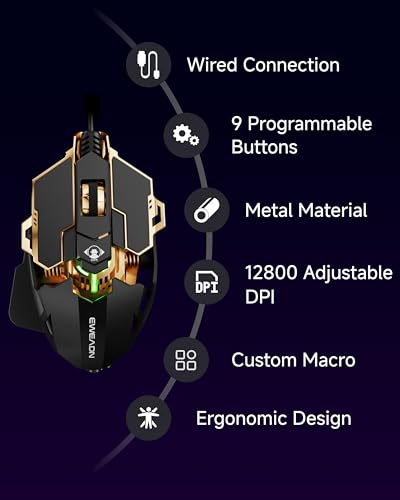 EWEADN G5 Wired Gaming Mouse with Adjustable Tail, 12800 DPI Programmable Computer Mouse with RGB Backlit, 9 Macro Buttons, Rapid Fire Key & Aluminum Base Ergonomic PC Mice for Laptop, PC-Black&Gold - color: Black&Gold