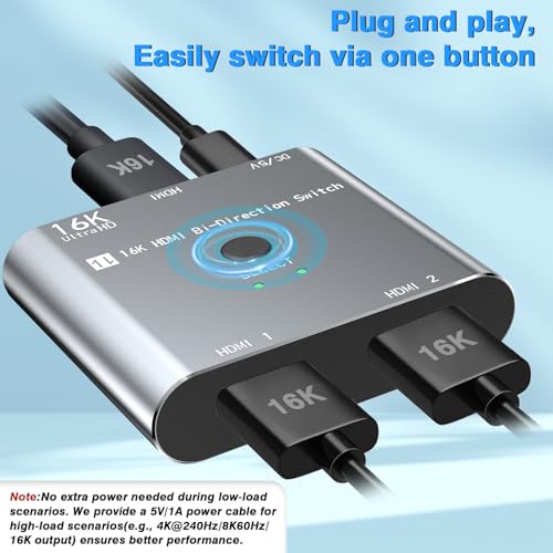 HDMI 2.1 Switch 8K/16K, 2 in 1 Out HDMI Splitter Selector 4K@240Hz 16K@30Hz/8K@60Hz Support DTS VRR HDR10+ Dolby, 48Gbps for Switch, PS5/4, Xbox, Roku, Firestick, TV etc.