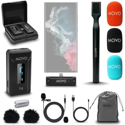 Movo WMX-2 Wireless Lavalier Microphone Lapel Mic with Charging Case and WMX-HM Handheld Adapter - Lav Mic, Lapel Microphone 2.4GHz for Camera, Vlogging, DSLR, and Content Creators (USB-C Single) - style: USB-C Single