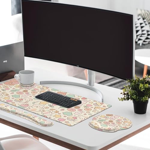 Britimes Kawaii Bunny Bear Keyboard Mouse Pad Set Cartoon Pink 4in1 Large Mousepad+Keyboard Wrist Rest+Mouse Wrist Rest+Coaster Ergonomic Design for Home Office Computer 35.4x15.7 inches - color: Pink Bunny