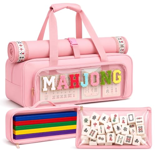 3 Piece Mahjong Storage Bag Set for American Mahjong, Clear Zippered Travel Organizer with Chenille Letter Patch for Tiles, Racks and Accessories, Portable Empty Carrying Case (Pink) - color: Pink