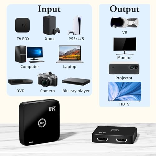 HDMI 2.1 Switch 2 in 1 Out 8K@60Hz, 4K@144Hz, Bi-Directional, Touch Control, VRR, Dynamic HDR, HDCP 2.3, 48Gbps, Zero Lag for PS5/Xbox Series X/Apple TV 8K/Roku Ultra/Fire Stick 8K Max