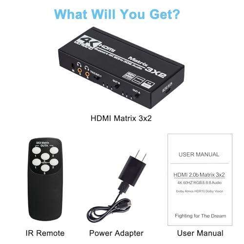 HDMI Matrix 3x2, 4K HDMI Matrix Switch 3 in 2 Out Switcher Splitter Box with EDID Extractor and IR Remote Control, Support Ultra 4K HDR, 4Kx2K@60Hz, 3D/1080P，HDMI 2.0b, HDCP 2.2