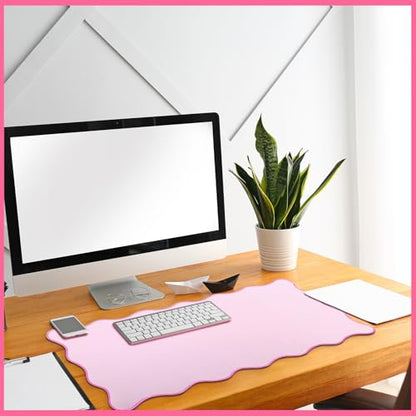 Hahafelt Scalloped Desk Mat Large Desk Pad Cute Coquette Table Mat Back to School Preppy Table Make up Pad Nonslip Graduation Gift with Stitching Waterproof Gaming(Pink,23.6 x 13.8 Inches) - color: Pink, size: 23.6 x 13.8 Inches