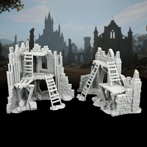 AUSPDICE Fantasy Gothic Ruined Building Set, 25mm Modular RPG Terrain | 1:64 Unpainted Ruined Walls & Scaffolding, DND Terrain for Dungeons and Dragons, TTRPG Battle Maps, Dungeon Masters-AF1119