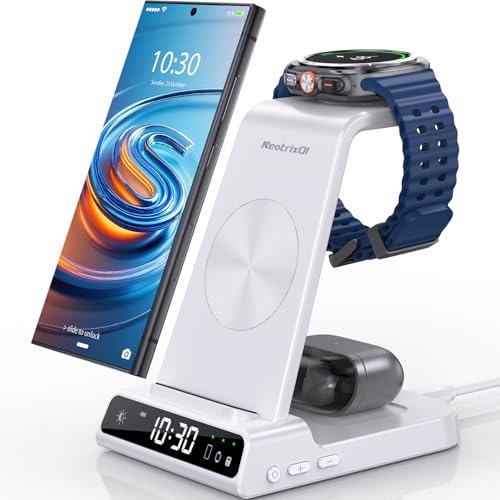 Wireless Charger for Samsung, Android Charger for Samsung Galaxy S25 Ultra | Charging Station for Samsung Phones, Galaxy Watch, Galaxy Buds. (Not for Apple Watch; Nightstand Charger, Adapter Included) - color: White