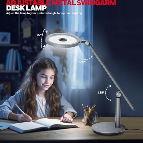 Honeywell H6 Desk Lamp for Home Office, Dimmable Reading Table Light, Gray | Sunturalux CRI≥97, RG0 Low Blue Light, Flicker-Free, 800LM Dimmable with Timer for Webcam, Study, Office & Bedroom - color: Gray