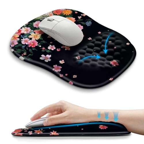 Hokafenle Ergonomic Wrist-Hugging Mouse Pad Wrist Support, U-Shaped Holding Wrist Rest Mousepad for Carpal Tunnel Pain Relief with Cushioned Memory Foam Slope Massage Bulge (10.2x8.3 in,Fall Flower) - color: Falling Flowers