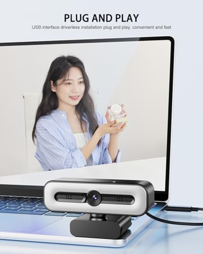 4K UHD Ring Light Webcam for PC, 1080P Web Camera with Dual AI Noise-Cancelling Mics, Auto Light Correction, Privacy Cover, 73°FOV, PDAF Autofocus, Privacy Cover, for Streaming, Conference, Zoom