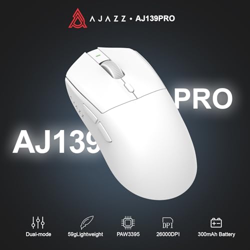 AJ139PRO Dual-Mode 2.4G/Wired Gaming Mouse, 59g Lightweight Design, PAW3395 Sensor, 26K DPI, 300mAh Battery with 40-Hour Battery Life for Windows, Mac Gamer.