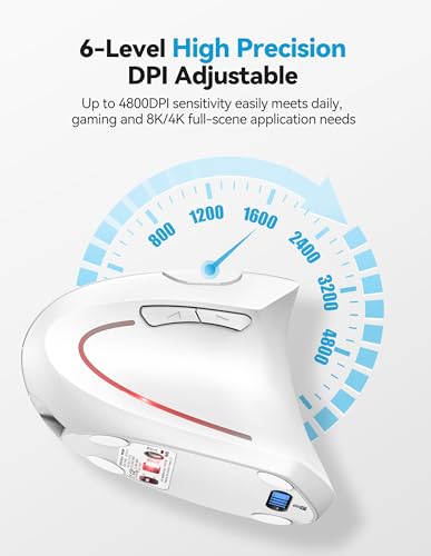 TECKNET Ergonomic Mouse Wireless, Rechargeable Vertical Mice Right Hand | Bluetooth+2.4GHz USB, Multi Device, 4800 DPI Adjustable, Optical Carpal Tunnel Mouse for Laptop, PC, Computer, MacBook, White - color: White