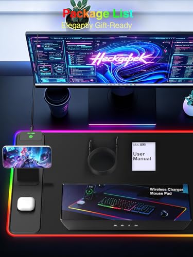 Wireless Charging Mouse Pad with Magnetic Phone Stand, 31.5"x15.8" Large | Gaming Mousepad RGB Desk Mat, Smooth Glide, Stitched Edge, Non-Slip Rubber Base, Waterproof Keyboard Mat, No Adatper - color: RGB-Mag Stand