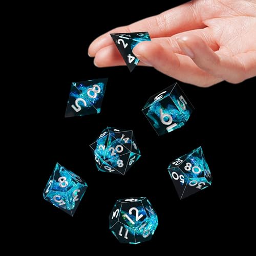 AUSTOR 7-Die DND Dice Set Handmade Sharp Edge Polyhedral Dice for Dungeons and Dragons D&D RPG MTG Table Games（Black&Blue,Silver） - color: Black&blue,silver