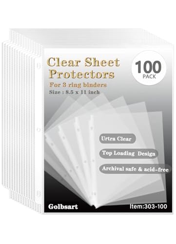 Golbsart Sheet Protectors 8.5 x 11, Page Protectors for 3 Ring Binder 100ct | Acid-Free Clear Plastic Binder Sleeves Top-Loading, Reinforced 3-Hole Edge for 3 Ring Binder, Letter Size Document Protection