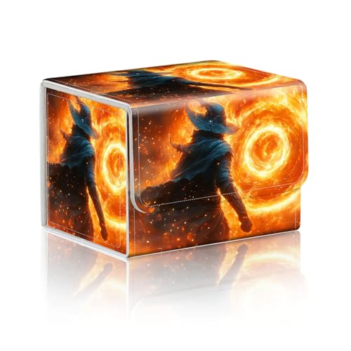 Trading Card Storage Box, Holds 100+ for MTG Cards, PU Leather with Magnetic Closure, Mage with Fiery Portal Fantasy Durable Deck Box for Magic the Gathering, Trading Card Games - color: Mage with Fiery Portal Fantasy