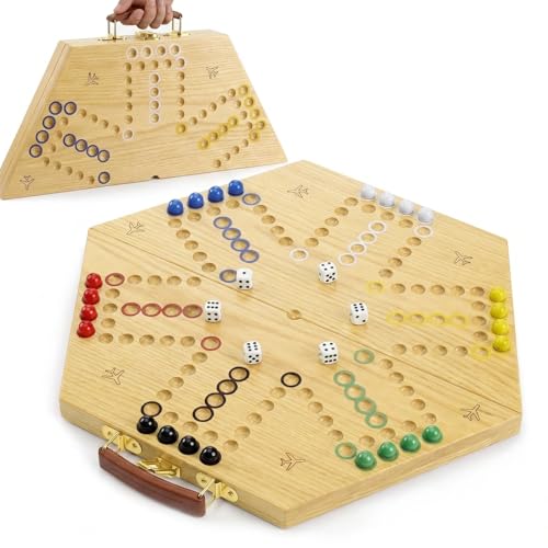Large Folding Wooden Wahoo Board Game Set, 6 Player Wahoo Marble Game with Integrated Accessory Storage, Classic Fast Track Board Game for Family Gatherings and Adult Parties（Log） - color: Natural Wood Color