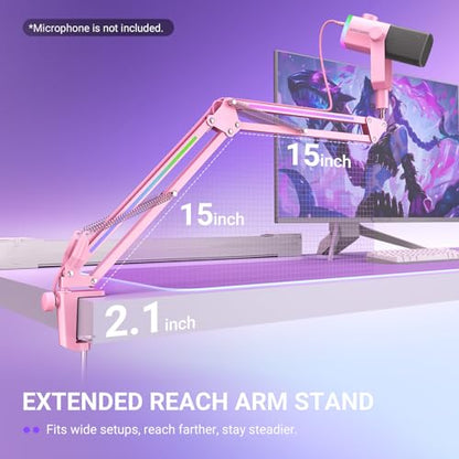 FIFINE AmpliGame BM38P Metal RGB Microphone Boom Arm for Gaming Streaming | Adjustable Suspension Scissor Mic Stand, Desk Mount Clamp, 3/8” to 5/8” Screw Adapter - color: Pink