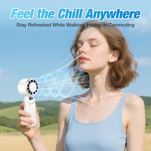 Portable Ice Cooling Handheld Turbo Fan, 100 Speeds, 4000mAh, Speed Display | 15,500 RPM brushless motor, USB-C charging, digital display, foldable desk mode and wearable neck use with included lanyard.