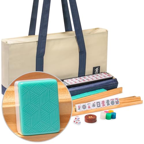 Yellow Mountain Imports American Mahjong Set, Harbor Mint with Beige and Blue Canvas Tote Bag - 4 All-in-One Racks with Pushers, Wright Patterson Scoring Coins, Dice, & Wind Indicator - color: Emerald
